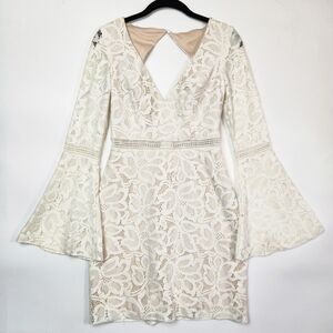 David's Bridal White Lace Bell Sleeve Mini Dress
